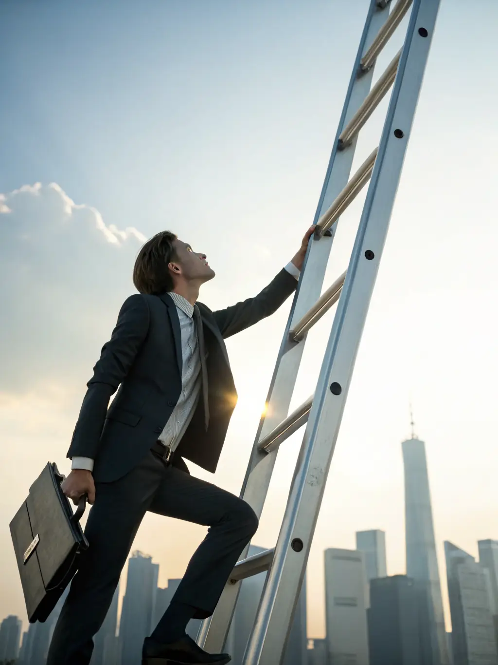 A person climbing a career ladder, symbolizing career growth and advancement, set against a backdrop of a cityscape.