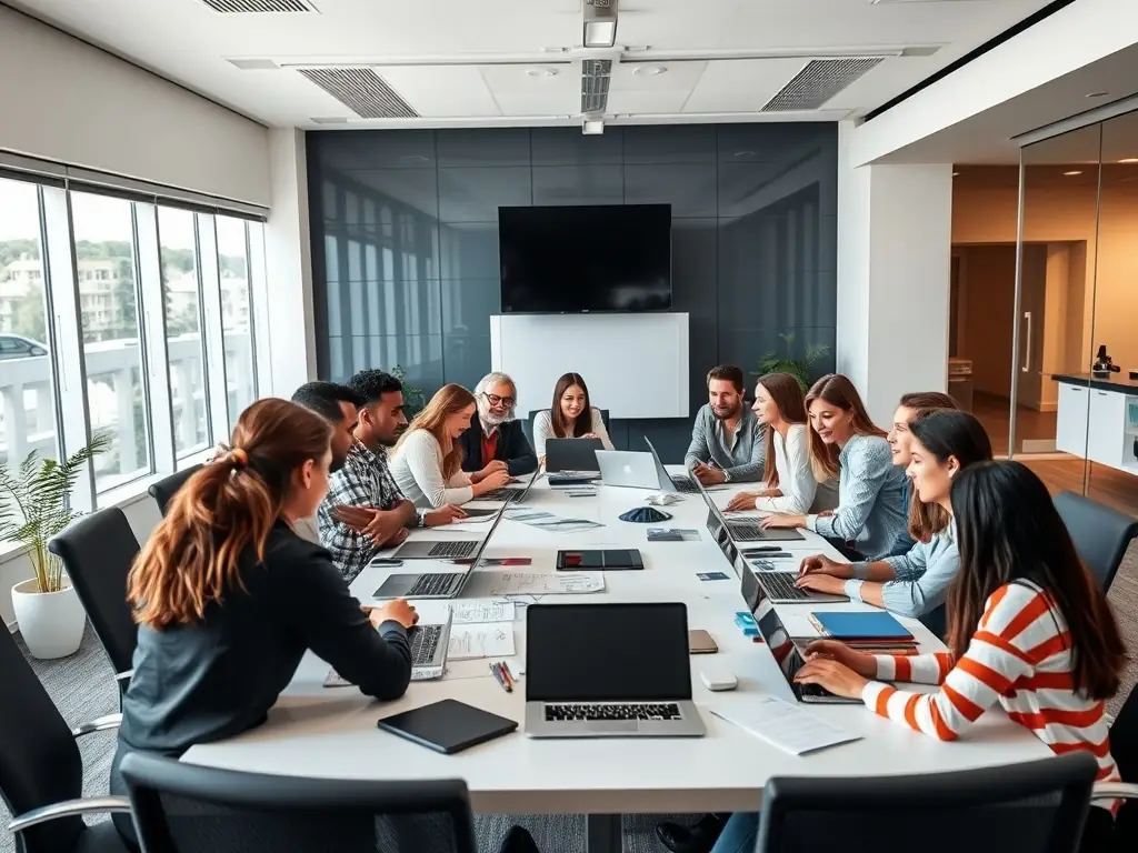 An image of a diverse group of professionals collaborating in a brightly lit, modern office, symbolizing leadership and teamwork.