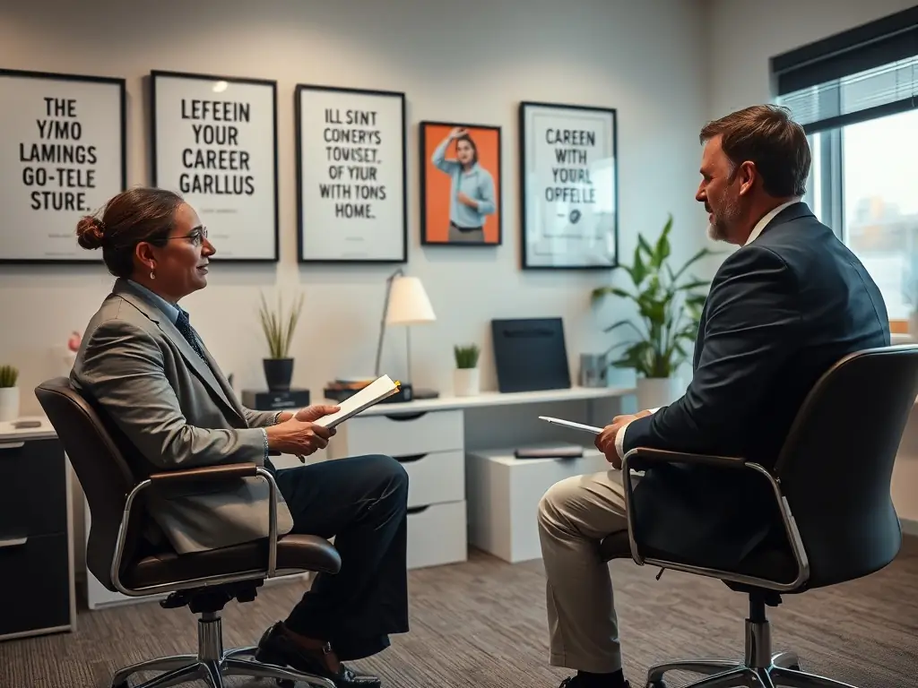 A professional coaching session with a client discussing career plans with a mentor in a modern office setting.