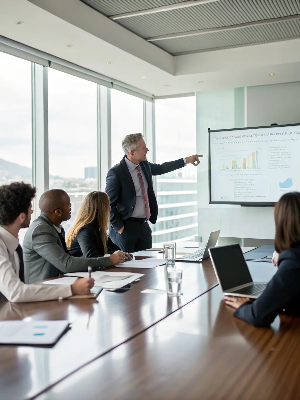 A professional business woman confidently leading a team meeting in a modern office setting, emphasizing leadership development.
